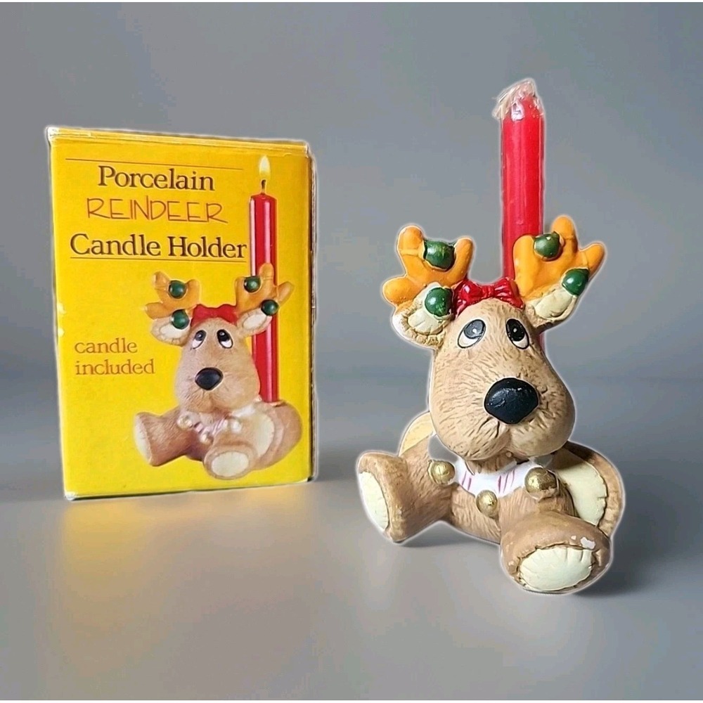 Vintage Christmas Reindeer Candle Holder Giftco Handpainted Original Box Cutest